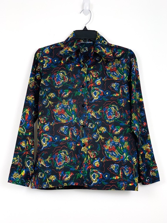 Vintage Tops - Vintage psychedelic dagger-collar button-up shirt black & flowers fits size 10